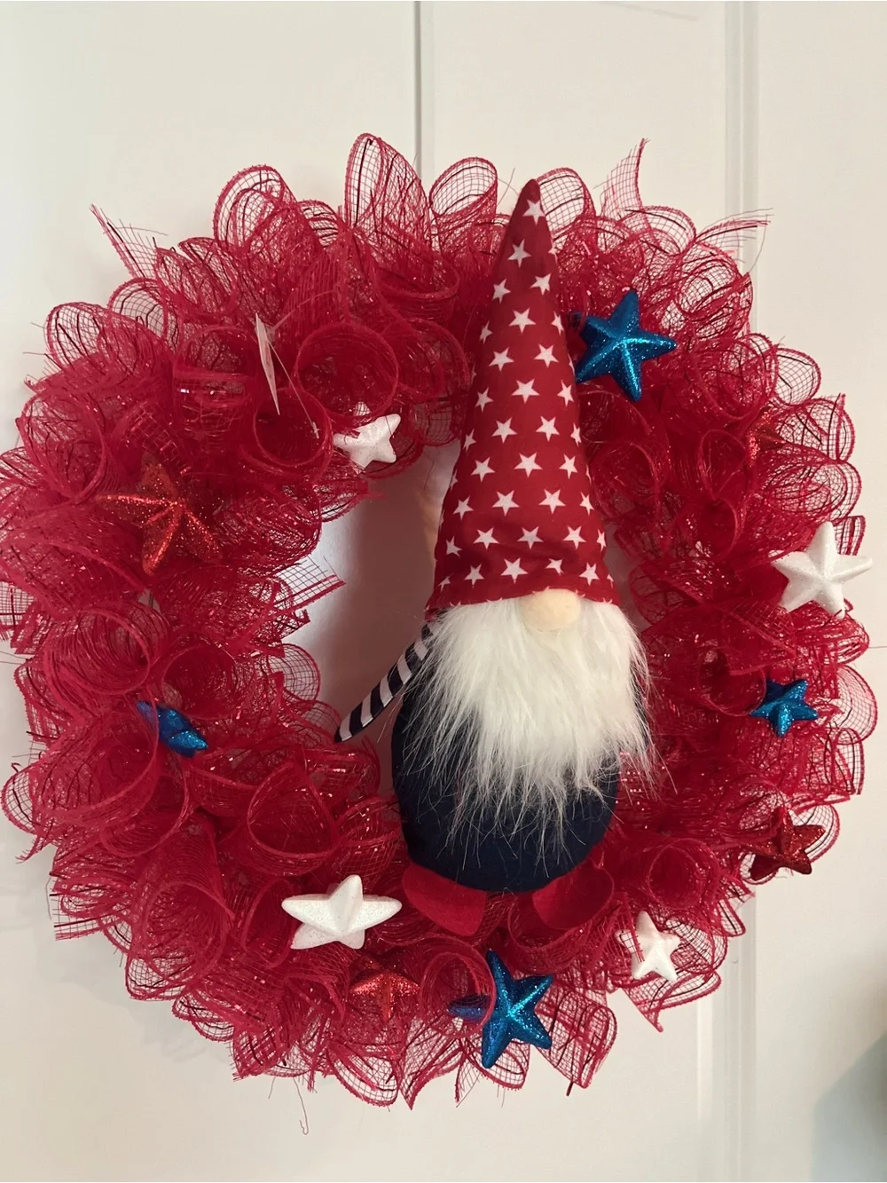 Patriotic Red Gnome Holiday Wreath - Home Holiday Decor Red White Blue